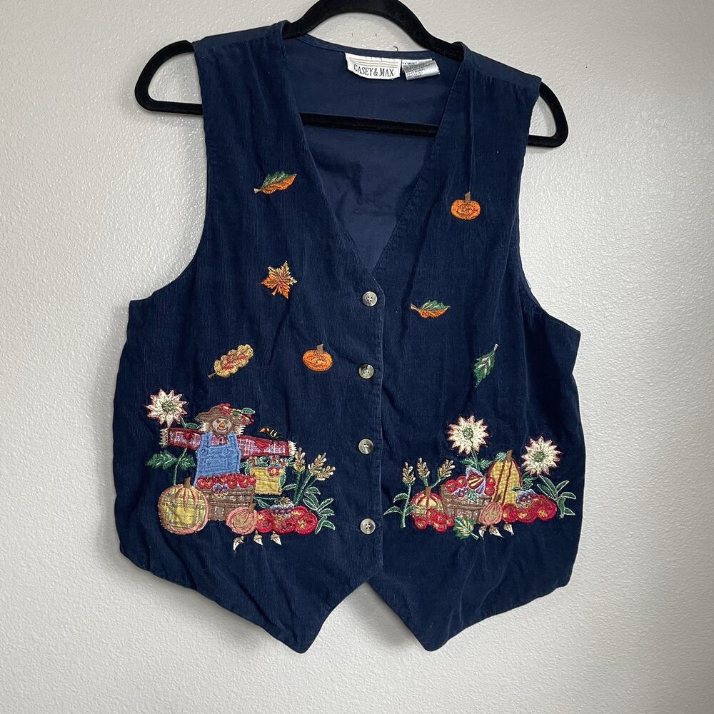 VTG Casey & Max Embroidered Granny Fall Leaves Harvest Vest Sz L 100% Cotton